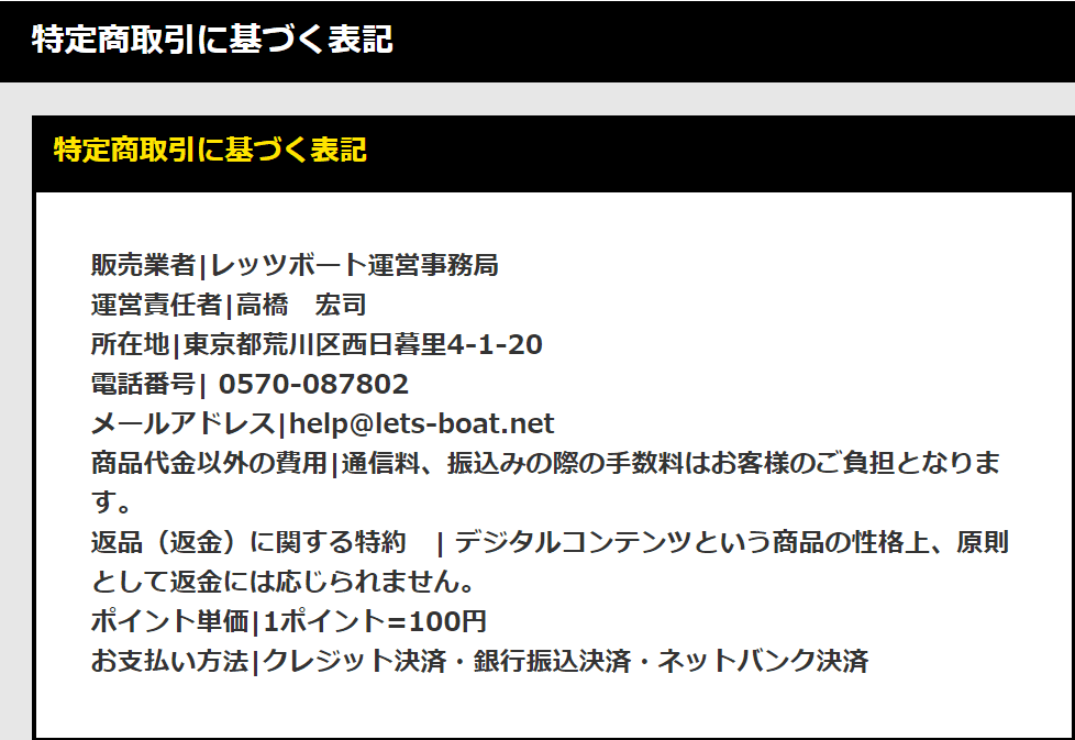 レッツボート 特定商取引法に基づく表記
